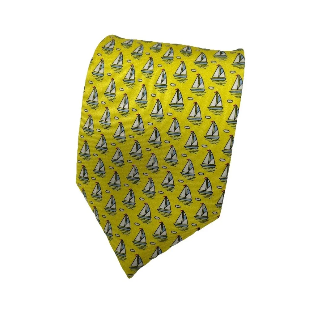 Twisted Fin 100% Silk Tie Yellow Sailboat Nautical‎ Print Naples Florida 59.75